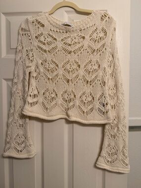 Zara Cream Open-Knit Crochet Crewneck Sweater